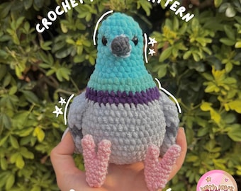 May include: A crochet pigeon plush toy featuring a light blue head, a dark purple neck band, and a light gray body with pink feet. The text CROCHET PIGEON PATTERN and PDF DIGITAL FILE are visible along with white star illustrations.