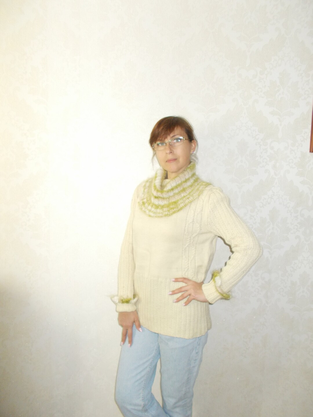 Sweater Pulover Oversize With Pearl Pattern Women Hand Knit Wool Arm ...