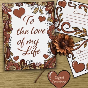 Tarjeta de aniversario con diseño floral terroso con cupón y nota personalizados, tarjeta de carta de amor personalizada, regalo para esposa o esposo, para imprimir en casa