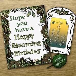 Carte d'anniversaire botanique avec porte-carte-cadeau, idées cadeaux pour jardinier, voeux pour les amateurs de plantes, feuillage illustré à la main, carte à imprimer à la maison