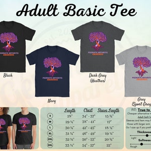 May include: A size chart for a basic t-shirt with a purple tree and orange ribbon design. The text "Psoriatic Arthritis Awareness" is printed on the shirt. The shirt is available in black, navy, dark grey (heather), and grey (sport grey).