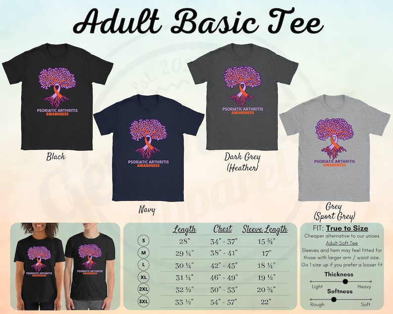 May include: A size chart for a basic t-shirt with a purple tree and orange ribbon design. The text "Psoriatic Arthritis Awareness" is printed on the shirt. The shirt is available in black, navy, dark grey (heather), and grey (sport grey).