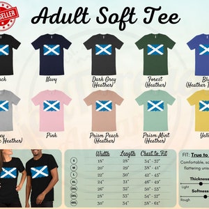 May include: A graphic tee featuring a distressed Scottish flag design in various colors, including black, navy, dark grey, forest green, blue, grey, pink, peach, mint, and yellow. The tee is available in sizes S-4XL and is described as soft and comfortable. A size chart is included with width, length, and chest measurements in inches.
