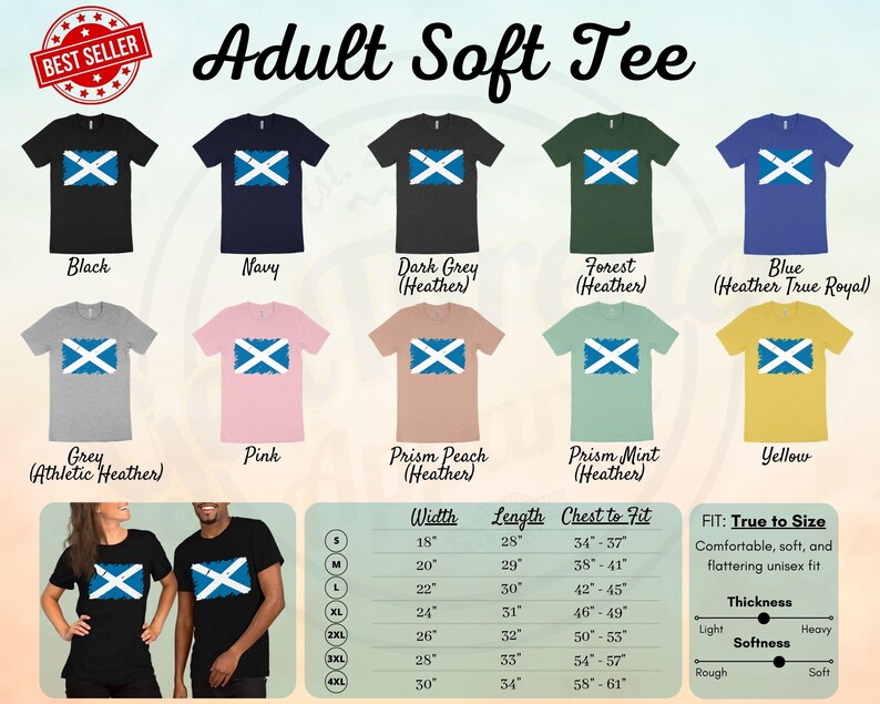 May include: A graphic tee featuring a distressed Scottish flag design in various colors, including black, navy, dark grey, forest green, blue, grey, pink, peach, mint, and yellow. The tee is available in sizes S-4XL and is described as soft and comfortable. A size chart is included with width, length, and chest measurements in inches.