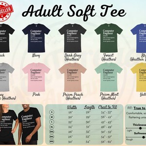 Puede incluir: Una variedad de camisetas suaves para adultos en diferentes colores, incluyendo negro, azul marino, gris oscuro, verde bosque y azul. Cada camiseta presenta el texto "Computer Engineer" con una definici&oacute;n. Tambi&eacute;n se muestra informaci&oacute;n sobre tallas y ajuste.