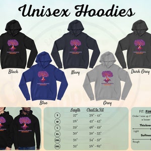 May include: Unisex hoodies in black, navy, blue, dark grey, and grey with a purple tree graphic and the text "PEDIATRIC ARTHRITIS AWARENESS". The hoodies are available in sizes S, M, L, XL, 2XL, and 3XL. A size chart shows the length and chest to fit measurements for each size. The chart also includes information about the fit, thickness, and softness of the hoodies.