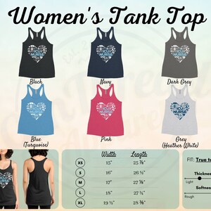 May include: Women's tank top with a heart-shaped graphic featuring the words "ICU Nurse" and medical symbols. The tank top is available in black, navy, dark grey, blue (turquoise), pink, and grey (heather white). The size chart shows the width and length of the tank top in inches for sizes XS, S, M, L, and XL. The tank top is described as "True to Size" and has a "Light" thickness and a "Soft" feel.