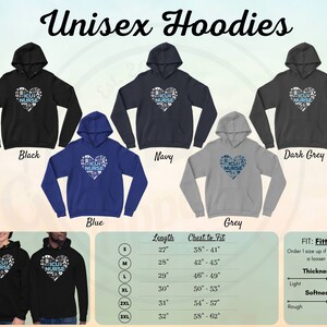 May include: Unisex hoodies in black, navy, dark grey, blue, and grey with a heart design that says "ICU Nurse" made up of medical symbols. The size chart shows the length and chest to fit measurements in inches. The fit is fitted, but you can order one size up for a looser fit. The thickness is light or heavy, and the softness is rough or soft.