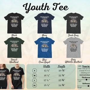May include: Youth t-shirt design featuring a jumping spider with the text "Jumping spiders are awesome, I am awesome, therefore I am a jumping spider". The shirt is available in black, navy, dark grey, forest (heather), blue (true royal), and grey (athletic heather). The size chart shows width and length measurements in inches for sizes S, M, L, and XL. The t-shirt is described as true to size, with the option to order one size up for a looser fit. The thickness is described as light to heavy, and the softness is described as rough to soft.