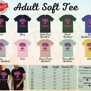 May include: Adult soft tee shirt with a tree graphic and the text "Prostate Arthritis Awareness". The shirt is available in 10 colors: black, navy, dark grey, forest, blue, grey, pink, prism peach, prism mint, and yellow. The shirt is available in sizes S-4XL. The size chart shows the width, length, and chest to fit measurements in inches.