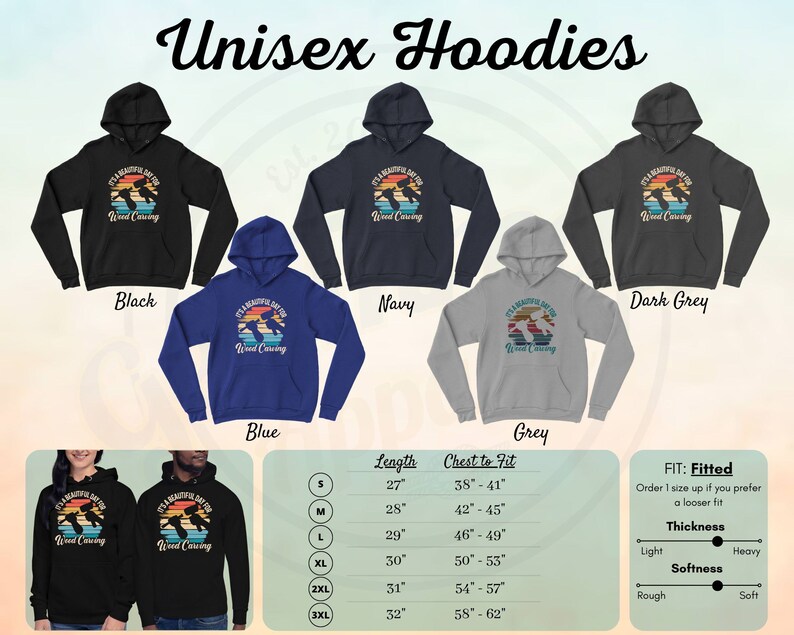 Puede incluir: Sudaderas unisex en negro, azul marino, gris oscuro, azul y gris con un gr&aacute;fico de estilo vintage que dice "Es un hermoso d&iacute;a para tallar madera". Las sudaderas est&aacute;n disponibles en tallas S-3XL. Se incluye una tabla de tallas con medidas de longitud y pecho en pulgadas.