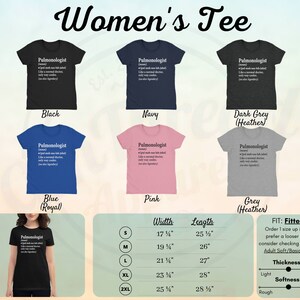 K&ouml;nnte beinhalten: Damen-T-Shirt in verschiedenen Farben, darunter Schwarz, Marine, Dunkelgrau, Blau, Rosa und Grau. Das Shirt zeigt das Wort "Pulmonologist" definiert als "(Substantiv) -  jemand, der die Lunge zum Atmen bringt; wie ein normaler Arzt, nur viel cooler; auch sehr legend&auml;r". Das Shirt ist in den Gr&ouml;&szlig;en S, M, L, XL und 2XL erh&auml;ltlich. Die Gr&ouml;&szlig;entabelle zeigt die Breite und L&auml;nge des Shirts in Zoll.
