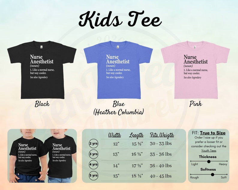 以下が含まれることがあります： 黒、青、ピンクの子供用Tシャツで、前面に「Nurse Anesthetist (noun) 1. Like a normal nurse, but way cooler. See also: legendary」という文字が印刷されています。Tシャツは2〜5歳サイズで、幅、長さ、重量を示すサイズ表が付属しています。