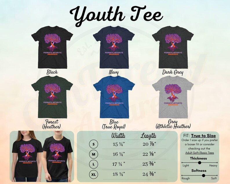 May include: Youth t-shirt design featuring a purple tree with orange ribbon, representing Psoriatic Arthritis Awareness. Available in black, navy, dark grey, forest heather, blue, and grey athletic heather. Size chart included with width and length measurements in inches.