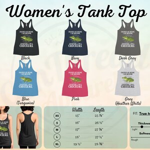 May include: Women's tank top available in a range of colours, including black, navy, dark grey, blue, pink, and grey. The tank top features a graphic of a crocodile with the text "Crocodiles are awesome, I am awesome, Therefore I am a crocodile". The tank top is available in sizes XS, S, M, L, and XL. The size chart shows the width and length of the tank top in inches.