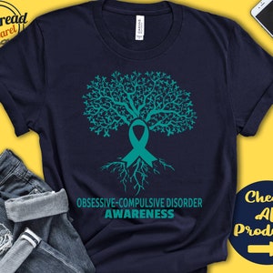 May include: Teal tree with roots and a teal ribbon in the centre. The text "Obsessive-Compulsive Disorder Awareness" is below the tree.