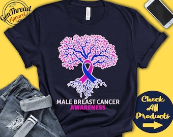Manlig bröstcancertröja | Manlig bröstcancermedvetenhet | Livets träd | Rosa och blått band | Krigare | Kirurgi | Linne | A2983