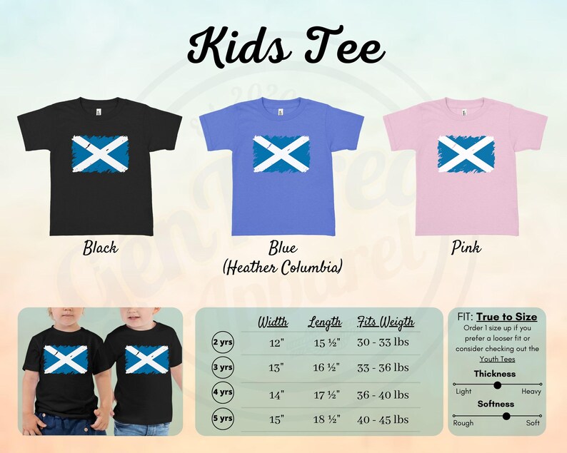 May include: Kids' tee shirt with a blue and white Scottish flag design. The shirt is available in black, blue heather, and pink. The size chart shows the width, length, and weight range for each size. The shirt is described as true to size, but recommends sizing up for a looser fit.