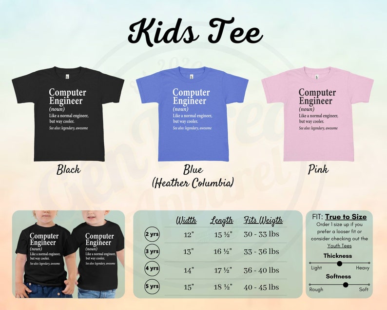 Puede incluir: Tres camisetas infantiles en negro, azul y rosa, cada una con el texto "Computer Engineer" y una definici&oacute;n. La imagen incluye una tabla de tallas con medidas en pulgadas y peso en libras, junto con una gu&iacute;a "True to Size".