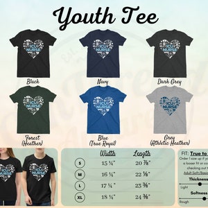 May include: Youth tee shirt design featuring a blue heart with the words "ICU NURSE" surrounded by medical symbols. The shirt is available in black, navy, dark grey, forest green, and blue. The size chart shows the width and length of the shirt in inches. The fit is described as "True to Size" and the thickness and softness are described as "Light" and "Rough" respectively.
