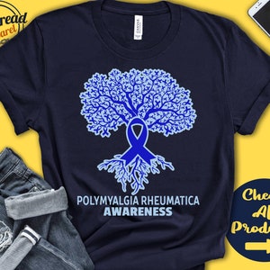 May include: Navy blue t-shirt with a blue ribbon tree design and the text "Polymyalgia Rheumatica Awareness".