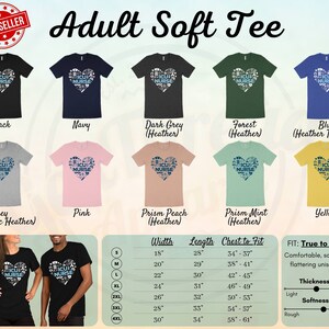 May include: A soft, comfortable unisex t-shirt featuring a heart design with the words "ICU Nurse" made up of medical symbols. The shirt is available in 10 colors: black, navy, dark grey, forest, blue, grey, pink, prism peach, prism mint, and yellow. The size chart shows the width, length, and chest to fit measurements in inches. The shirt is described as true to size, comfortable, soft, and flattering. The thickness is described as light and the softness is described as rough.