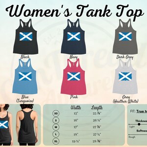 May include: Women's tank top with a distressed Scottish flag design. Available in black, navy, dark grey, blue (turquoise), pink, and grey (heather white). The tank top is available in sizes XS, S, M, L, and XL. The tank top is made of a soft, comfortable material and is true to size. The tank top is available in a variety of colors and sizes.