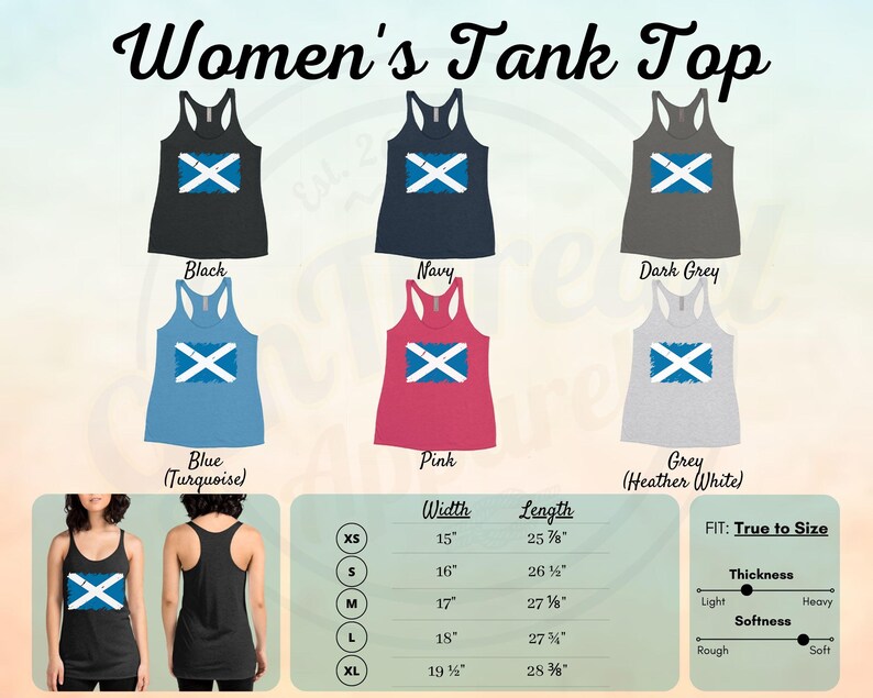 May include: Women's tank top with a distressed Scottish flag design. Available in black, navy, dark grey, blue (turquoise), pink, and grey (heather white). The tank top is available in sizes XS, S, M, L, and XL. The tank top is made of a soft, comfortable material and is true to size. The tank top is available in a variety of colors and sizes.
