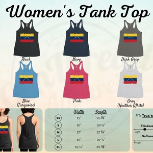 May include: Women's tank top featuring a distressed Venezuelan flag design. Available in black, navy, dark grey, blue (turquoise), pink, and grey (heather white). The tank top is available in sizes XS, S, M, L, and XL. The tank top is true to size, light in thickness, and soft in texture.