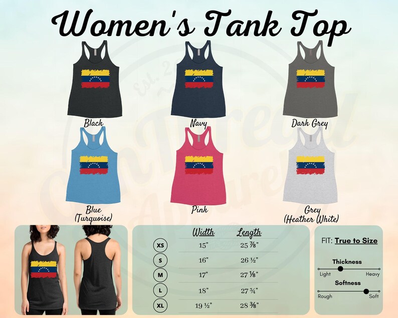 May include: Women's tank top featuring a distressed Venezuelan flag design. Available in black, navy, dark grey, blue (turquoise), pink, and grey (heather white). The tank top is available in sizes XS, S, M, L, and XL. The tank top is true to size, light in thickness, and soft in texture.
