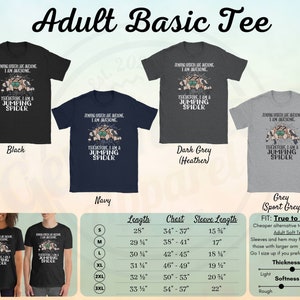 May include: A black, navy, dark grey, and grey t-shirt with a graphic of a jumping spider and the text "Jumping spiders are awesome. I am awesome. Therefore I am a jumping spider." The t-shirt is available in sizes S-3XL. The size chart shows the length, chest, and sleeve length in inches.