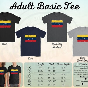 May include: Adult basic t-shirt featuring the flag of Venezuela. The shirt is available in black, navy, dark grey (heather), and grey (sport grey). The size chart shows the length, chest, and sleeve length in inches for sizes S through 3XL.