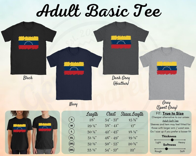 May include: Adult basic t-shirt featuring the flag of Venezuela. The shirt is available in black, navy, dark grey (heather), and grey (sport grey). The size chart shows the length, chest, and sleeve length in inches for sizes S through 3XL.