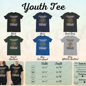 May include: Youth tee shirt design featuring a snake with the text "Pythons are awesome, I am awesome, Therefore I am a python". The shirt is available in black, navy, dark grey, forest green, blue, and grey. The size chart shows width and length measurements in inches for sizes S, M, L, and XL. The chart also includes information about fit, thickness, and softness.
