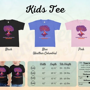 May include: Kids' t-shirt in black, blue (Heather Columbia), and pink with a purple tree and orange ribbon design. The text "Psoriatic Arthritis Awareness" is printed on the shirt. A size chart is included with width, length, and weight measurements for sizes 2-5 years.