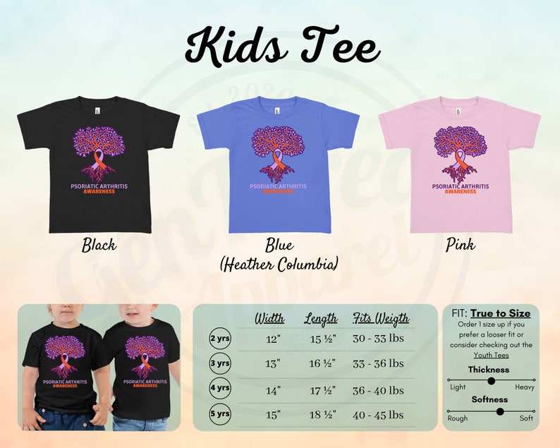 May include: Kids' t-shirt in black, blue (Heather Columbia), and pink with a purple tree and orange ribbon design. The text "Psoriatic Arthritis Awareness" is printed on the shirt. A size chart is included with width, length, and weight measurements for sizes 2-5 years.