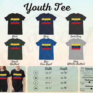 May include: Youth tee shirt featuring a distressed Venezuelan flag design in various colors, including black, navy, dark grey, forest green, blue, and grey. The size chart shows measurements in inches for small, medium, large, and extra large.