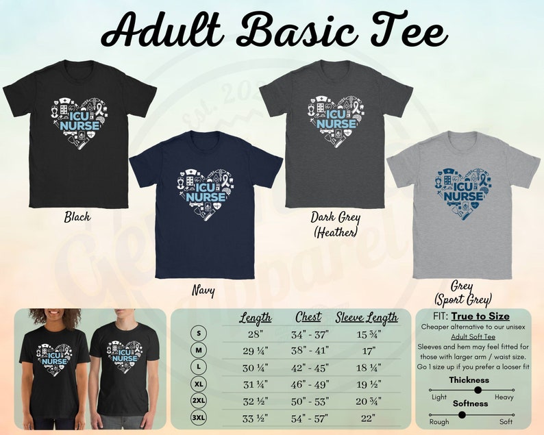 May include: A black, navy, dark grey, and grey (sport grey) adult basic tee shirt with a blue heart graphic that says "ICU NURSE" and is filled with medical icons. The shirt is available in sizes S, M, L, XL, 2XL, and 3XL. The size chart shows the length, chest, and sleeve length in inches.