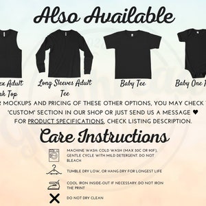 Puede incluir: Un gr&aacute;fico que muestra diferentes estilos de camisetas disponibles para comprar. Los estilos incluyen una camiseta sin mangas, una camiseta de manga larga, una camiseta para beb&eacute; y un body para beb&eacute;. El texto dice "Tambi&eacute;n disponible" e "Instrucciones de cuidado". Las instrucciones de cuidado incluyen lavar a m&aacute;quina, secar en secadora y planchar.