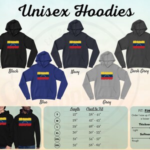 May include: Unisex hoodies in black, blue, navy, dark grey, and grey with a distressed Venezuelan flag design. The hoodies are available in sizes S-3XL. The size chart shows the length and chest to fit measurements in inches. The fit is fitted, but you can order one size up for a looser fit. The thickness is light to heavy, and the softness is rough to soft.