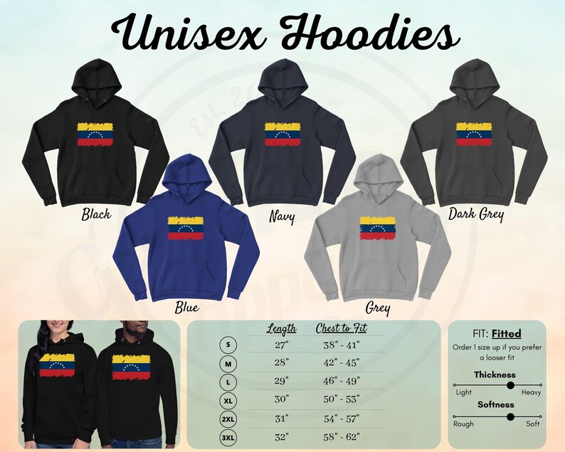 May include: Unisex hoodies in black, blue, navy, dark grey, and grey with a distressed Venezuelan flag design. The hoodies are available in sizes S-3XL. The size chart shows the length and chest to fit measurements in inches. The fit is fitted, but you can order one size up for a looser fit. The thickness is light to heavy, and the softness is rough to soft.