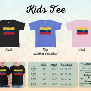 May include: Kids' t-shirt featuring the flag of Venezuela. The shirt is available in black, blue (Heather Columbia), and pink. The size chart shows the width, length, and weight range for each size. The shirt is true to size, but you can order a size up for a looser fit.