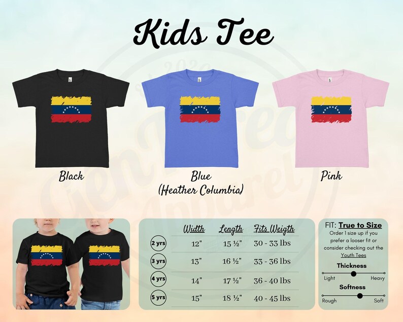 May include: Kids' t-shirt featuring the flag of Venezuela. The shirt is available in black, blue (Heather Columbia), and pink. The size chart shows the width, length, and weight range for each size. The shirt is true to size, but you can order a size up for a looser fit.