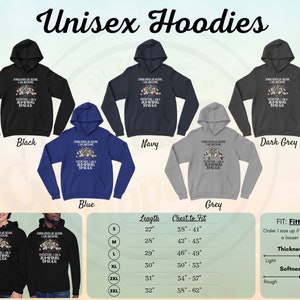 May include: Unisex hoodies in black, blue, navy, dark grey, and grey with the text "Jumping Sheep Are Awesome, I Am Awesome, Therefore I Am A Jumping Sheep". The hoodies are available in sizes S, M, L, XL, 2XL, and 3XL. A size chart shows the length and chest to fit measurements for each size. The chart also includes information about the fit, thickness, and softness of the hoodies.