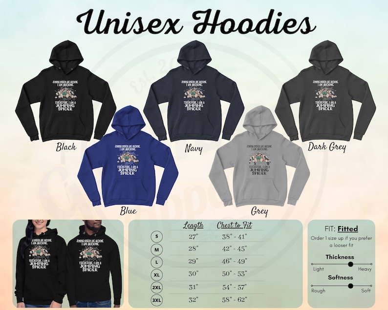 May include: Unisex hoodies in black, blue, navy, dark grey, and grey with the text "Jumping Sheep Are Awesome, I Am Awesome, Therefore I Am A Jumping Sheep". The hoodies are available in sizes S, M, L, XL, 2XL, and 3XL. A size chart shows the length and chest to fit measurements for each size. The chart also includes information about the fit, thickness, and softness of the hoodies.