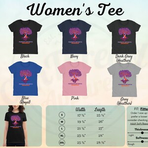 May include: Women's t-shirt featuring a purple tree with orange roots and the text "Psoriatic Arthritis Awareness". The shirt is available in black, navy, dark grey, blue, pink, and grey. The size chart shows the width and length of the shirt in inches.