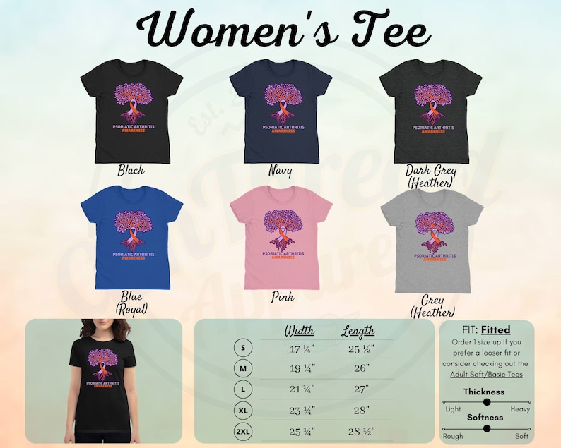 May include: Women's t-shirt featuring a purple tree with orange roots and the text "Psoriatic Arthritis Awareness". The shirt is available in black, navy, dark grey, blue, pink, and grey. The size chart shows the width and length of the shirt in inches.