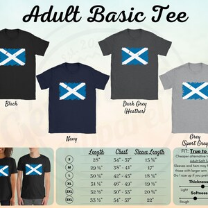 May include: A basic t-shirt with a distressed Scottish flag design. The shirt is available in black, navy, dark grey, and grey. The size chart shows the length, chest, and sleeve length in inches for sizes S through 3XL. The text "True to Size" is included in the description.