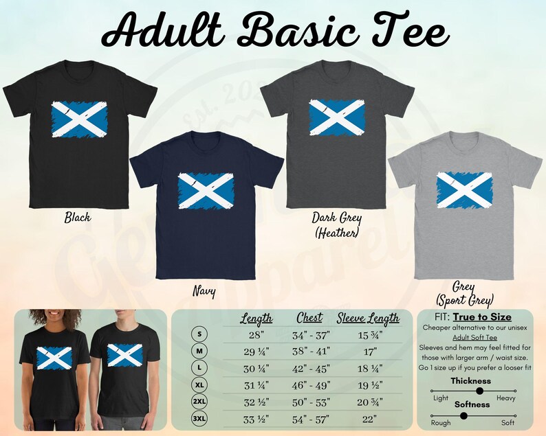 May include: A basic t-shirt with a distressed Scottish flag design. The shirt is available in black, navy, dark grey, and grey. The size chart shows the length, chest, and sleeve length in inches for sizes S through 3XL. The text "True to Size" is included in the description.
