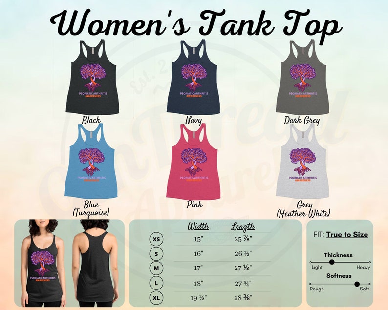 May include: Women's tank top in various colors, including black, navy, dark grey, blue, pink, and grey. The tank top features a purple tree with orange roots and the text "Psoriatic Arthritis Awareness". The tank top is available in sizes XS, S, M, L, and XL. The size chart shows the width and length of the tank top in inches.